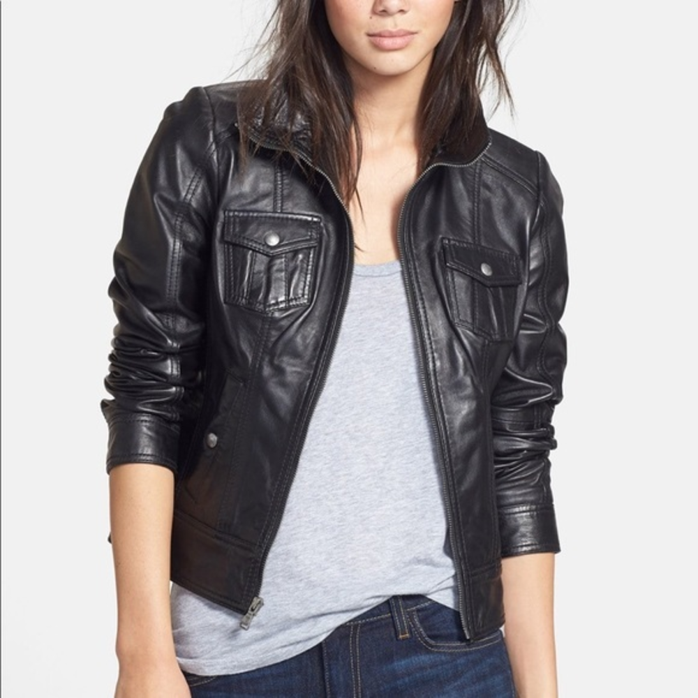Guess Black Leather Moto Jacket with Silver Hardware